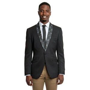 Mens Suit Jacket Slim-Fit w/ Textured Floral Shawl Lapel, Black